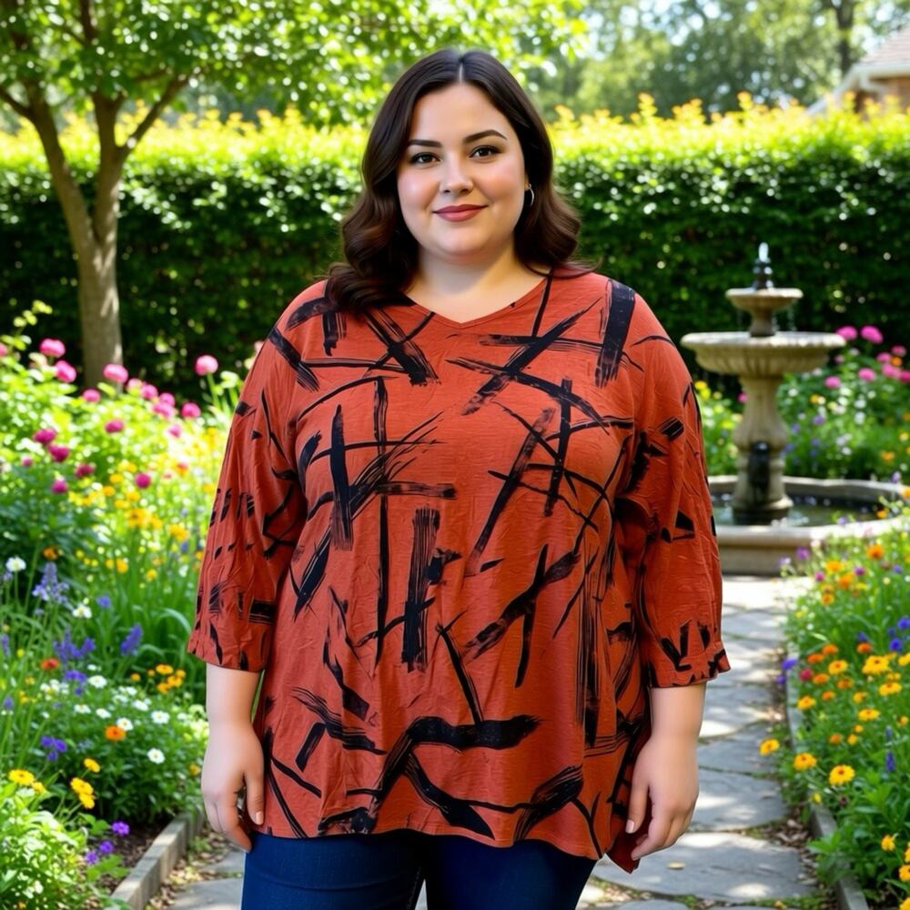 Jess & Jane Women 3X Rust Orange Black Artsy Asymmetric Stretch Tunic Casual Top